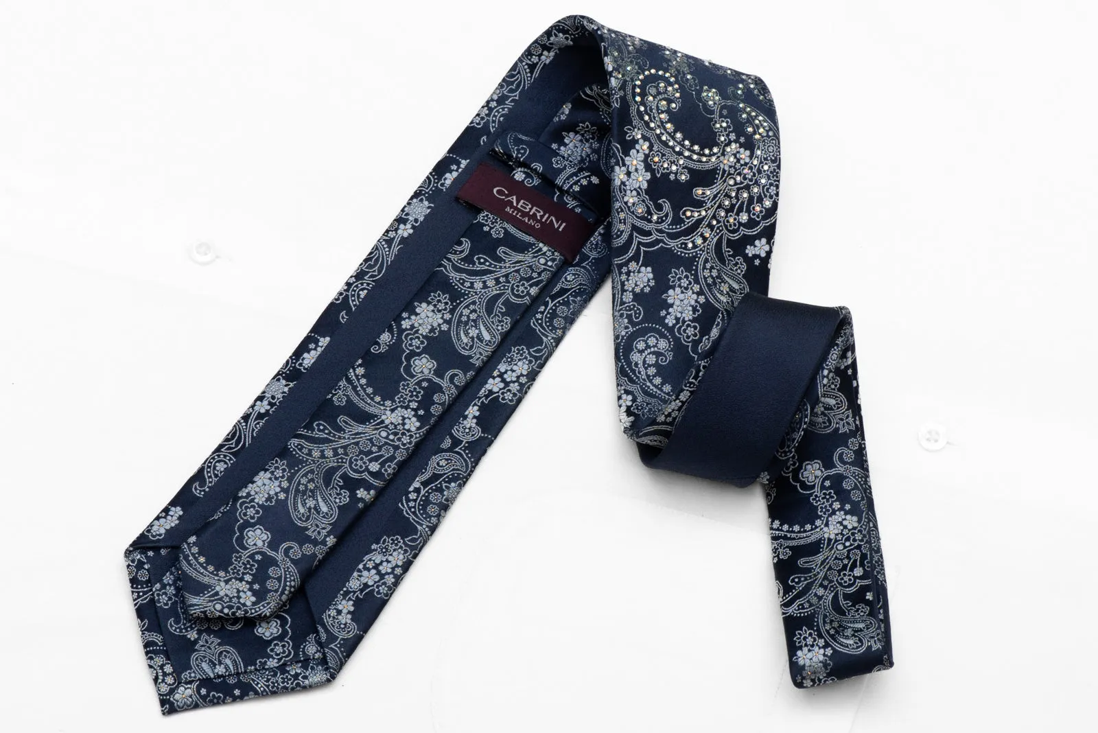 Acanthus On Dark Blue Rhinestone Tie With Gold Sparkles