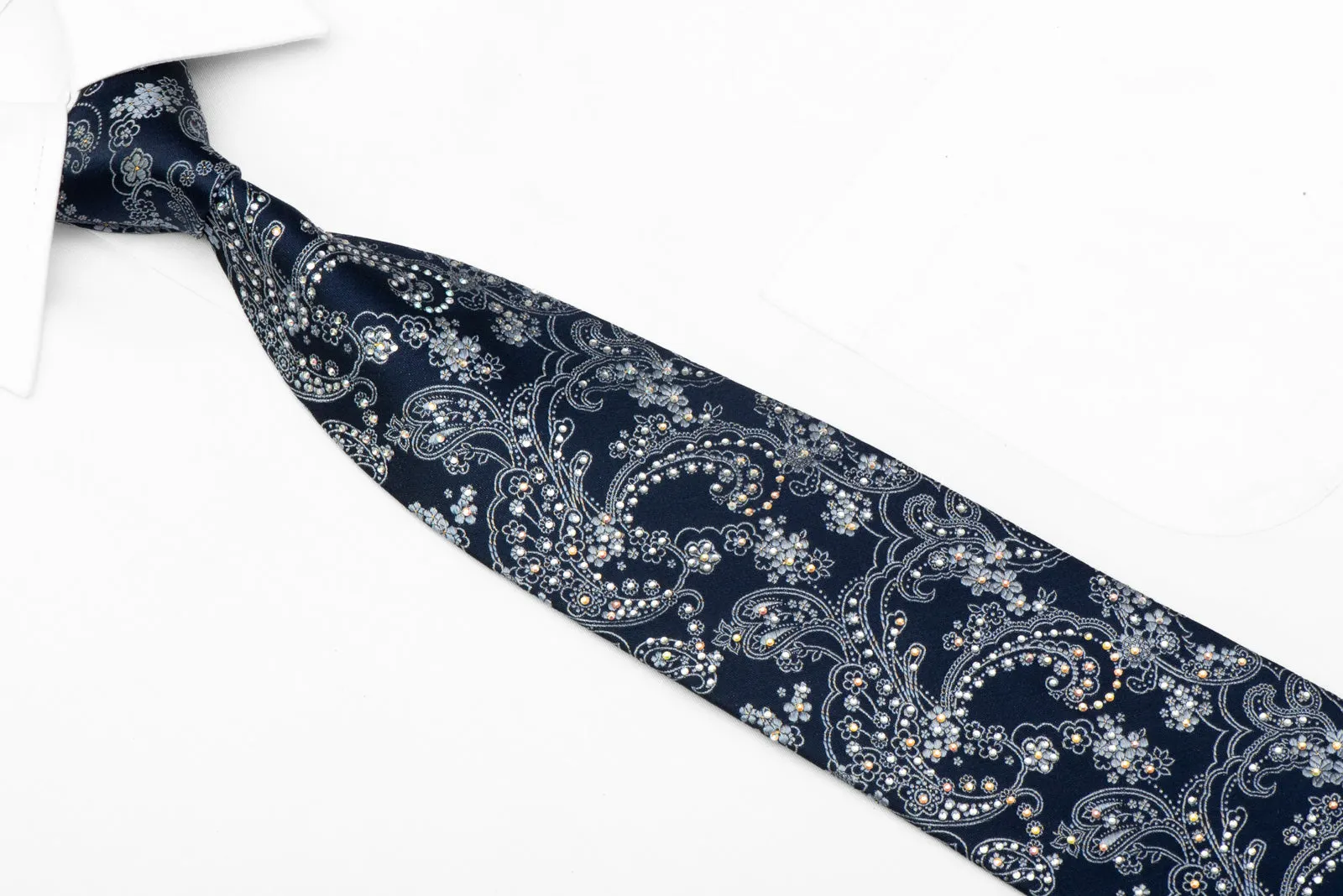 Acanthus On Dark Blue Rhinestone Tie With Gold Sparkles