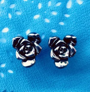 Antique Signed Israel Artisan Sterling Silver Rose Pierced Earrings