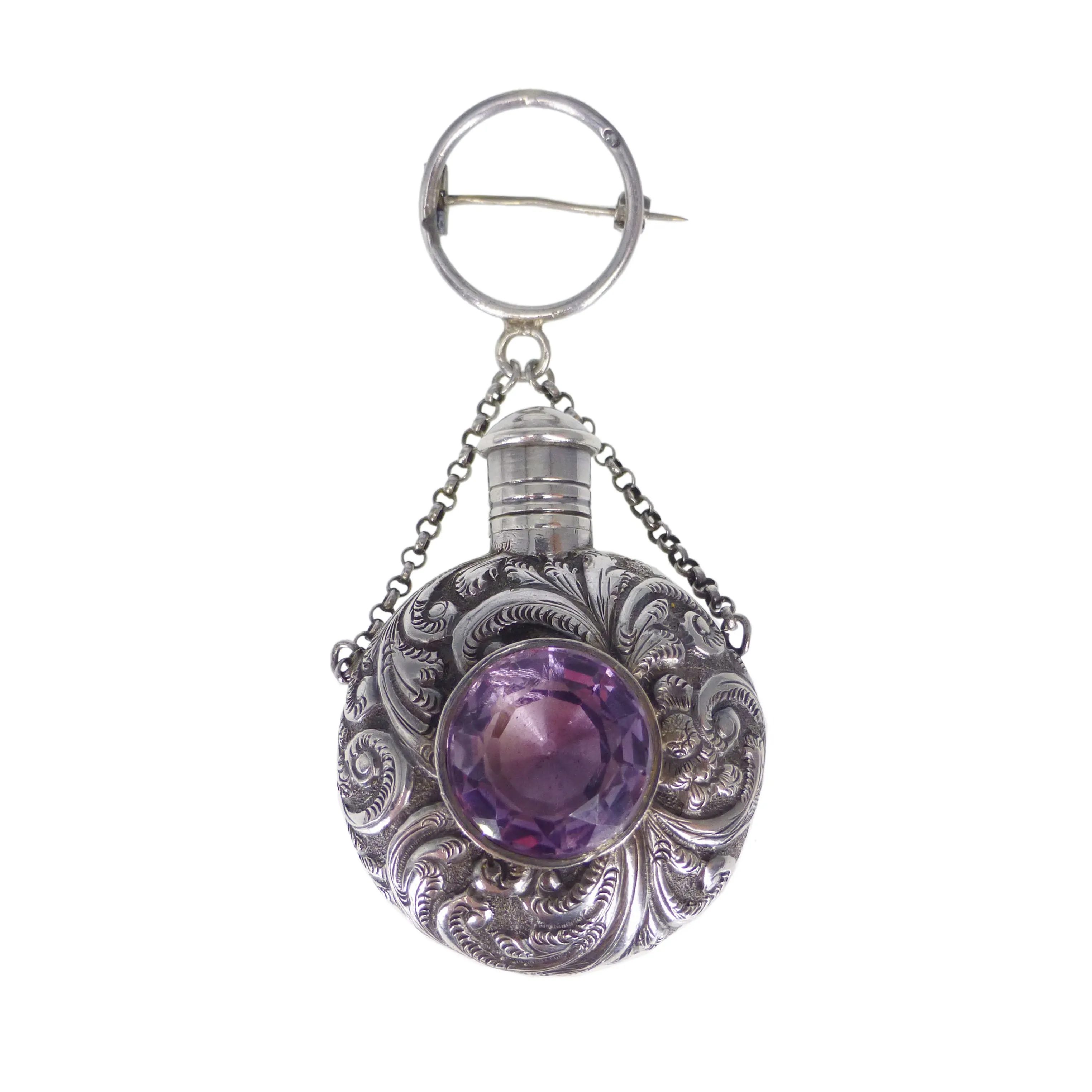 Antique Victorian Repousse Silver Amethyst Scent Bottle Brooch