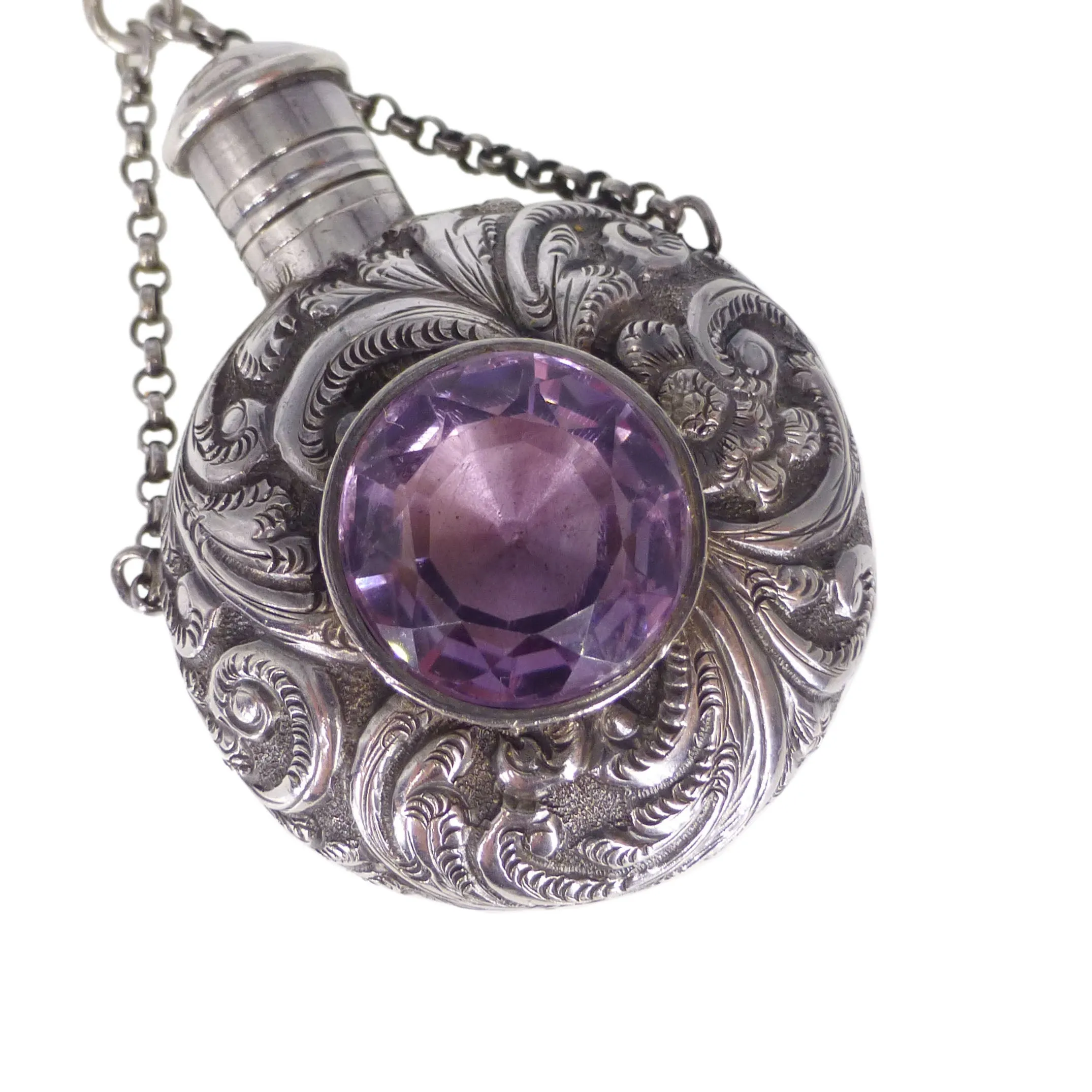 Antique Victorian Repousse Silver Amethyst Scent Bottle Brooch