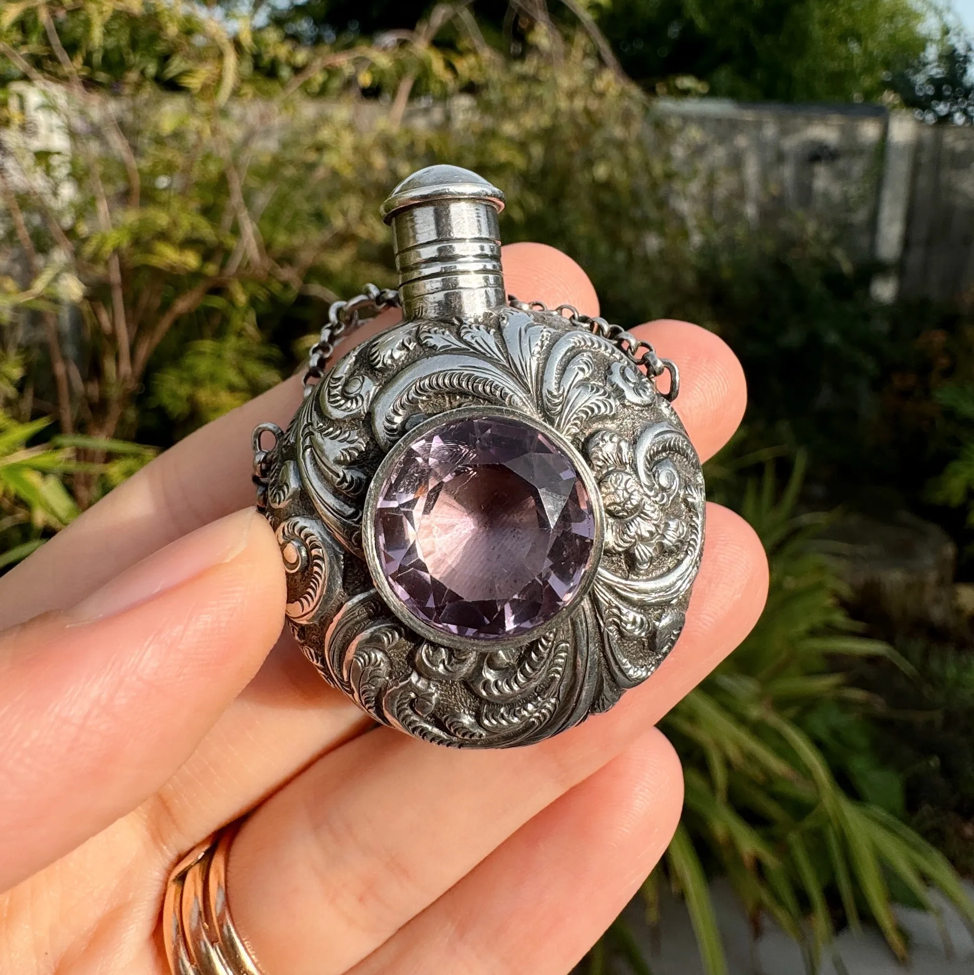 Antique Victorian Repousse Silver Amethyst Scent Bottle Brooch