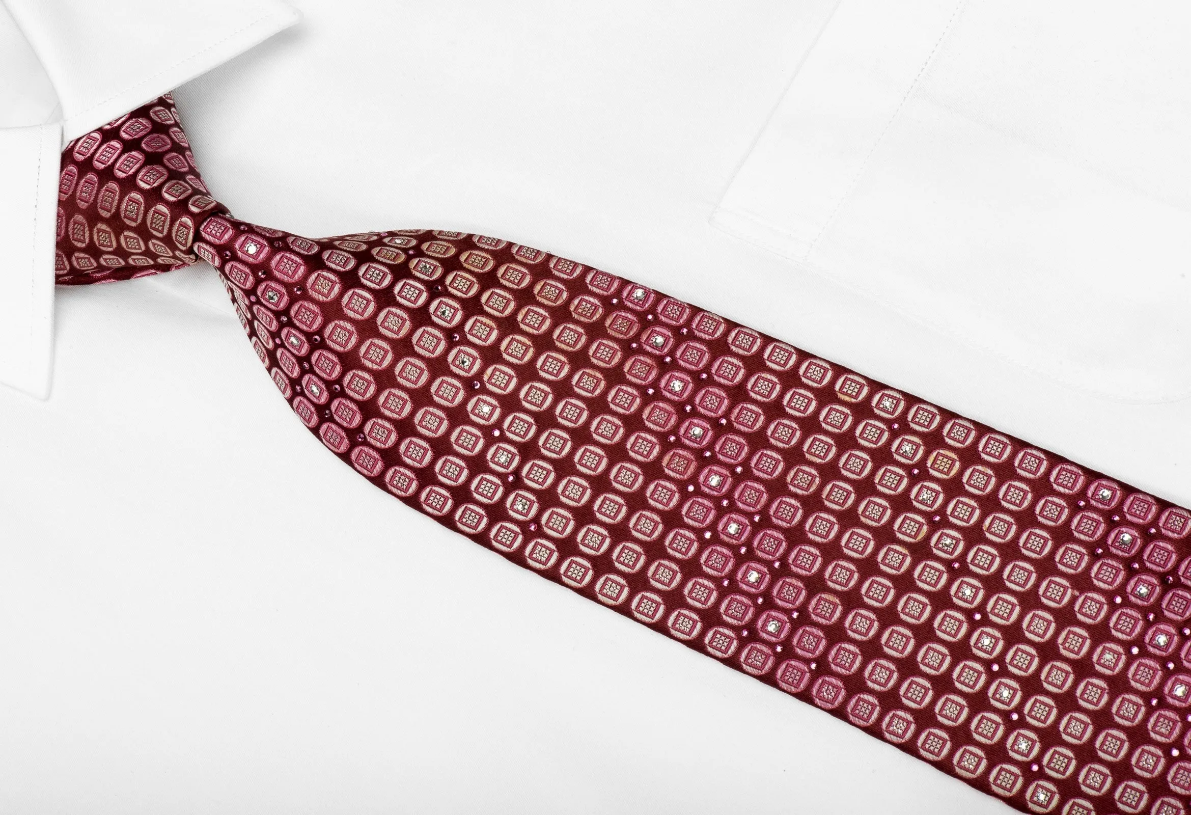 Aquascutum Men's Crystal Silk Tie Circles On Burgundy With Silver Sparkles