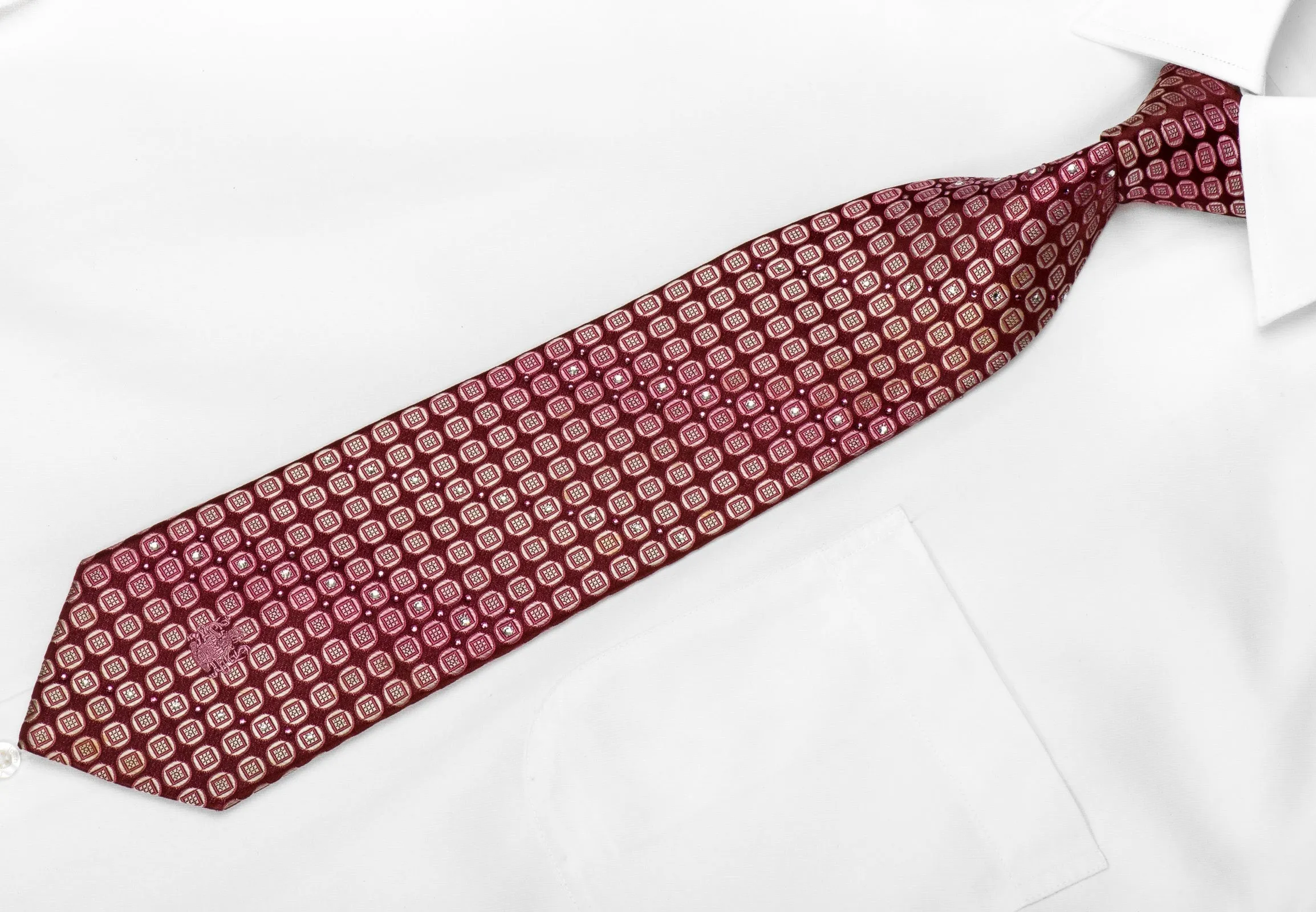 Aquascutum Men's Crystal Silk Tie Circles On Burgundy With Silver Sparkles