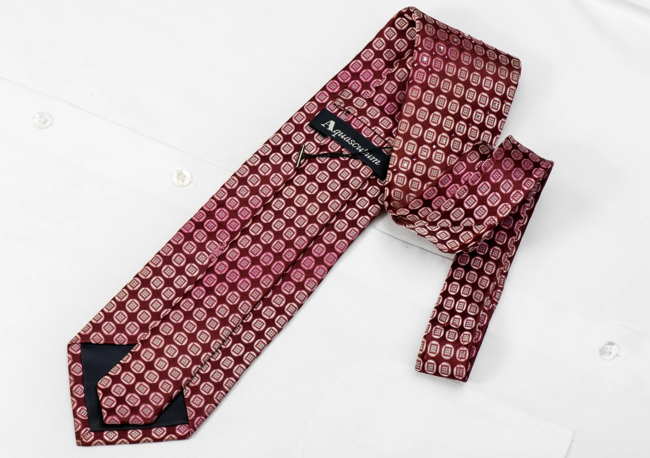 Aquascutum Men's Crystal Silk Tie Circles On Burgundy With Silver Sparkles