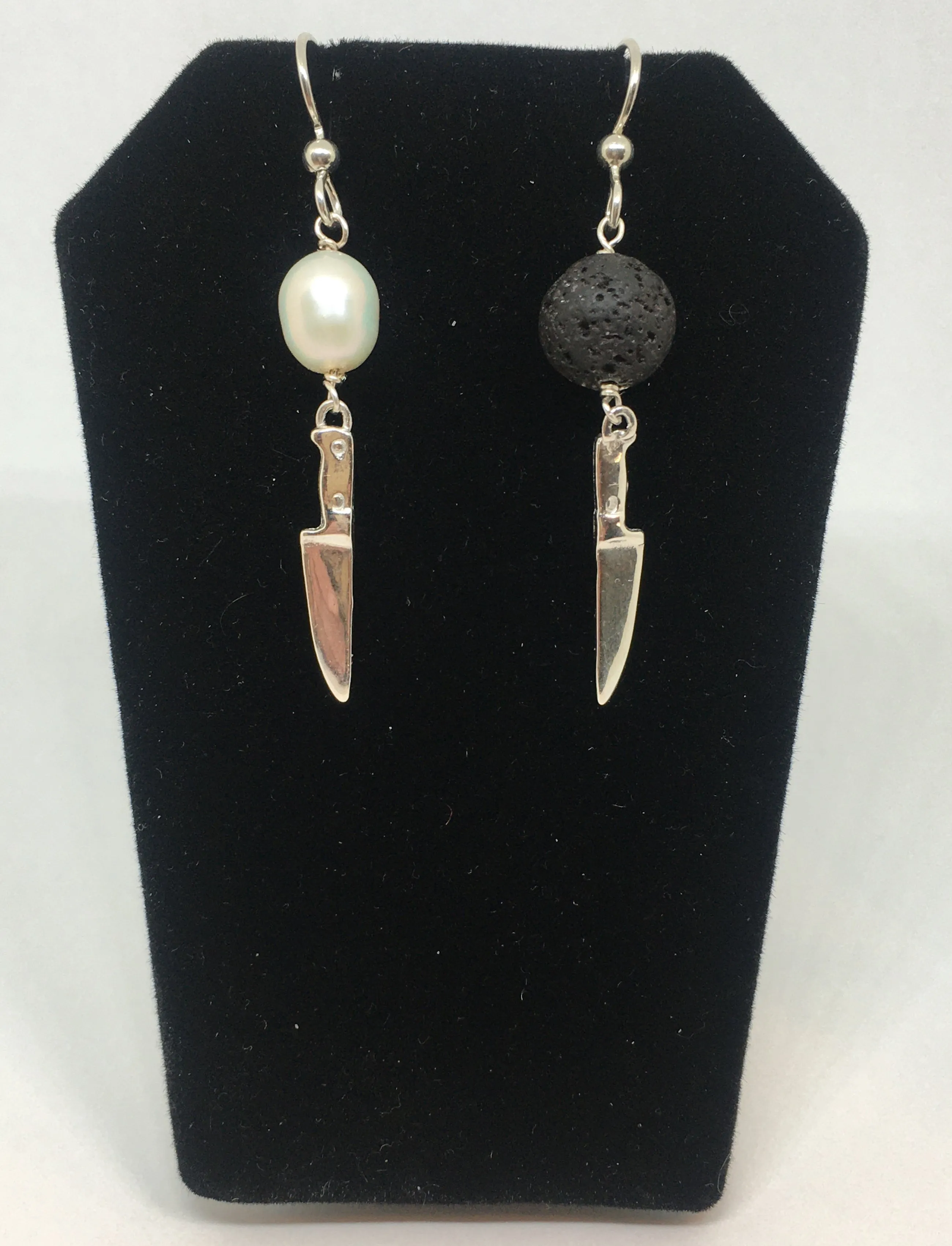 Asymmetrical Black and White Sterling Silver Chef Knife Earrings with Pearl and Lava