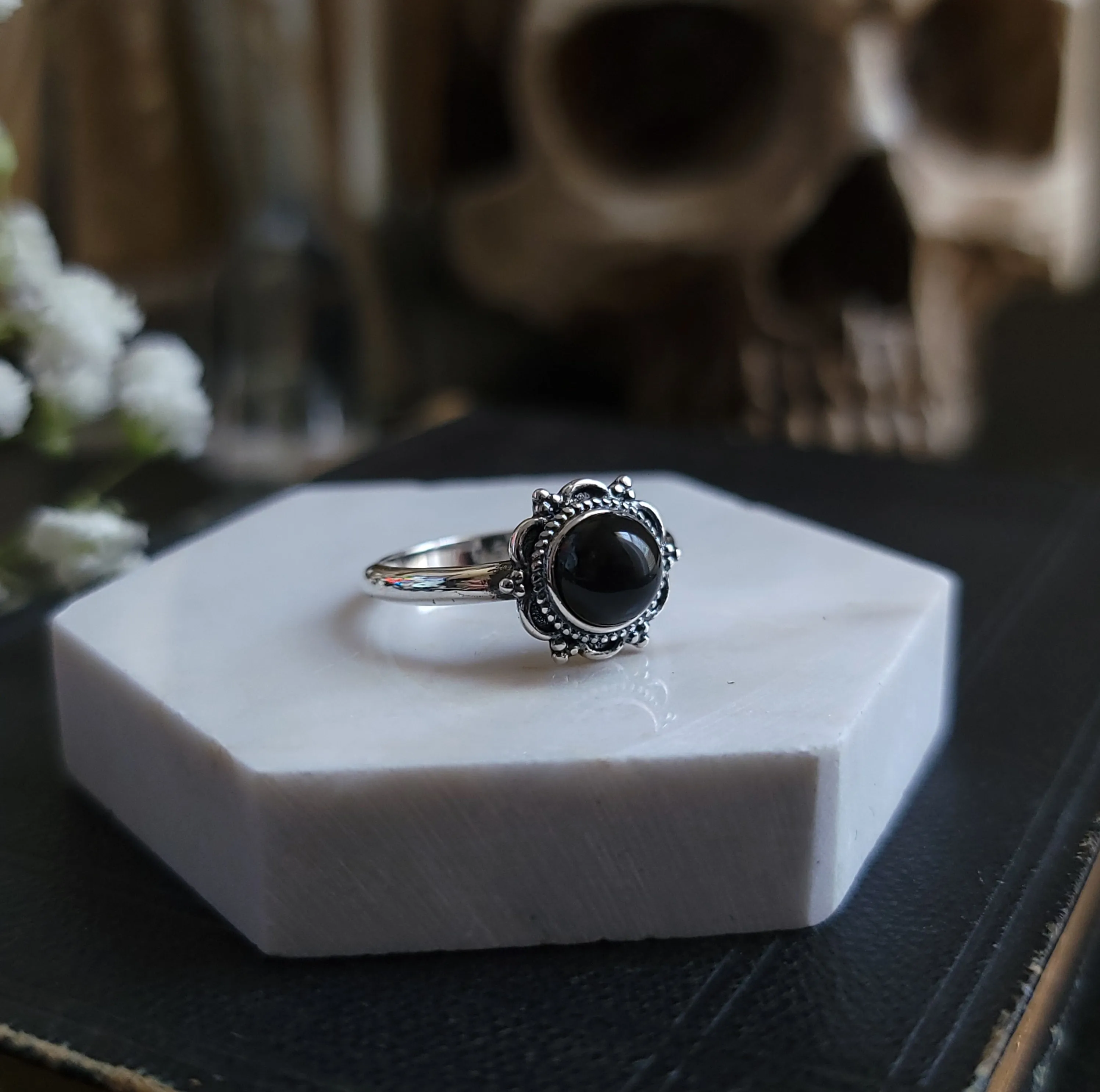 Belladonna Black Agate Ornate Ring - Sterling Silver Ring