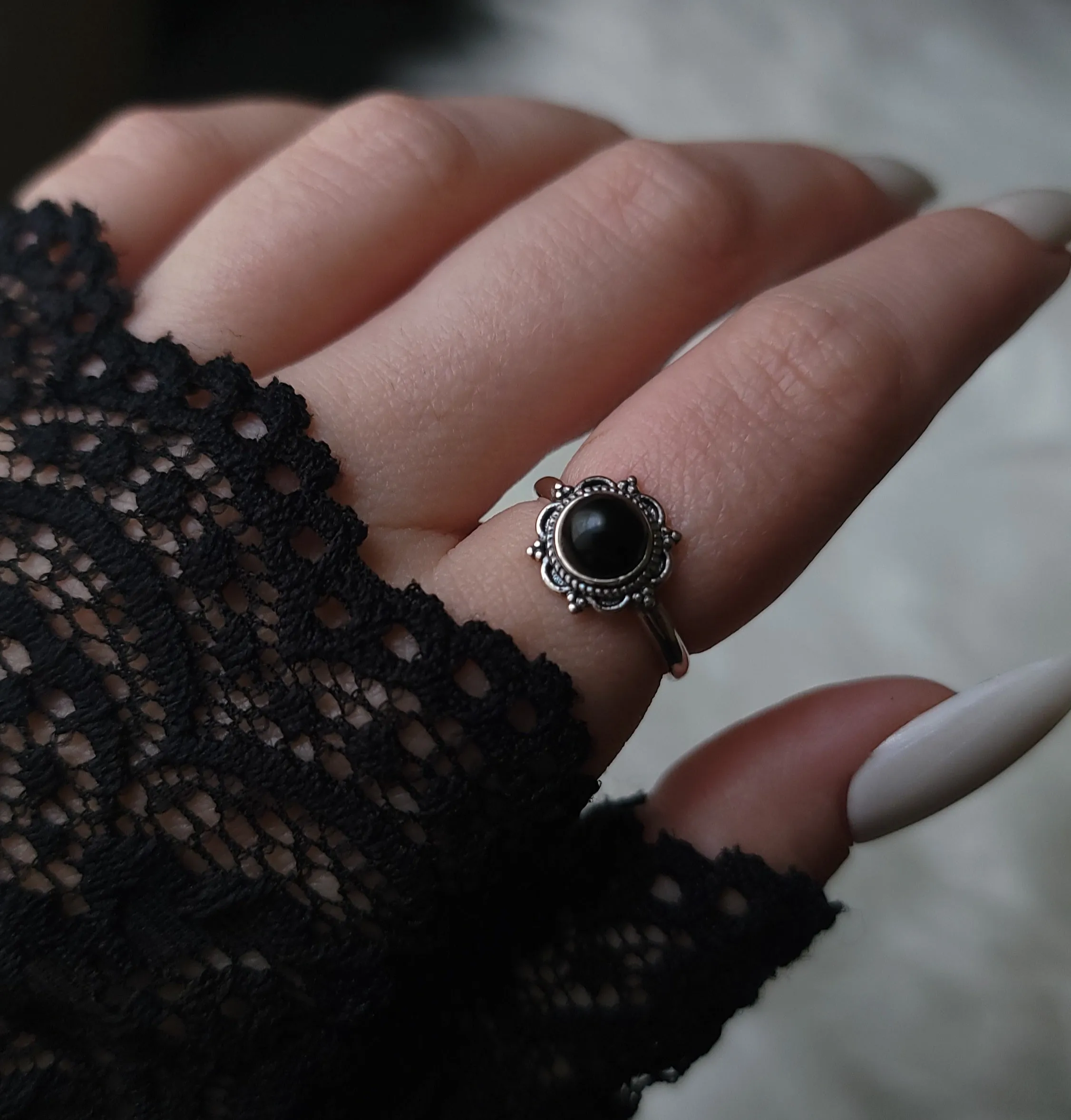 Belladonna Black Agate Ornate Ring - Sterling Silver Ring