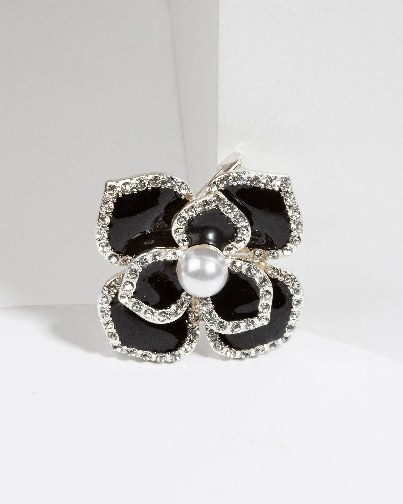 Black Crystal & Pearl Flower Brooch