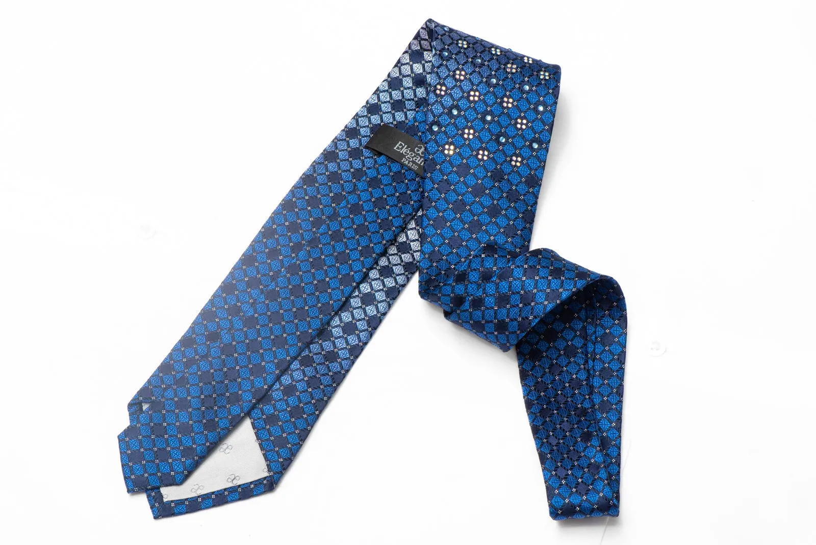 Blue Checkered Rhinestone Silk Necktie With Silver Sparkles