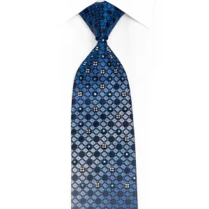 Blue Checkered Rhinestone Silk Necktie With Silver Sparkles