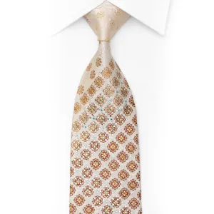 Brown Foulard On Cream Beige Rhinestone Silk Necktie With Silver Sparkles