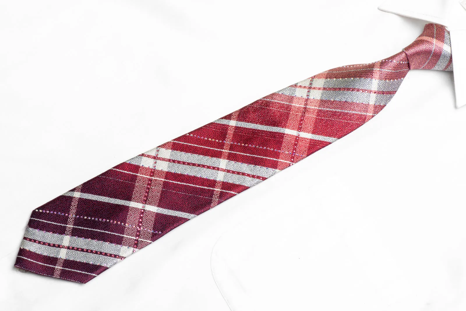 Burgundy Silver Plaid Rhinestone Silk Tie