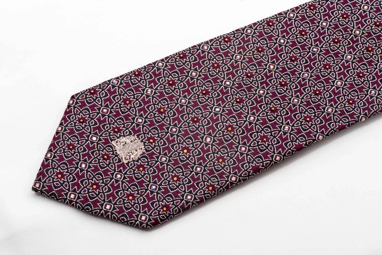 Cabrini Men's Crystal Tie Arabesque On Burgundy Sparkling With Rhinestones