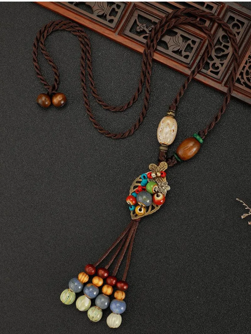 Chinese Aesthetic Ethnic Style Chain Women's Retro Hand-woven Chinese Style Ceramic Necklace Pendant