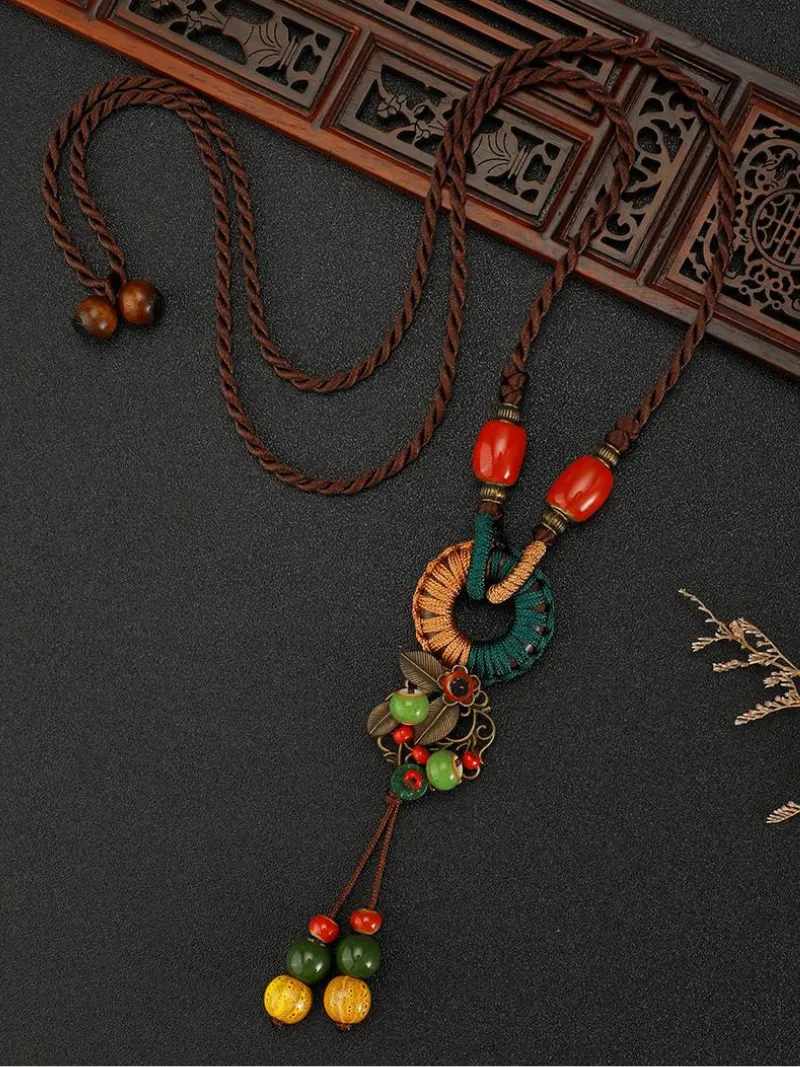 Chinese Aesthetic Ethnic Style Chain Women's Retro Hand-woven Chinese Style Ceramic Necklace Pendant