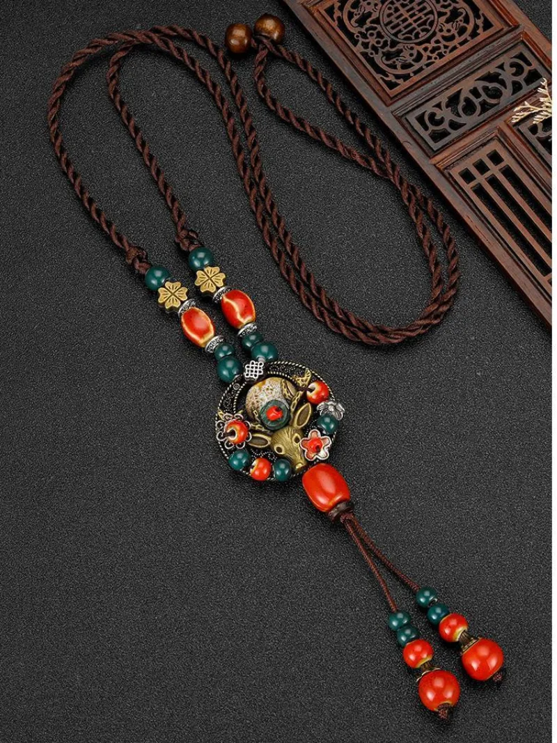 Chinese Aesthetic Ethnic Style Chain Women's Retro Hand-woven Chinese Style Ceramic Necklace Pendant