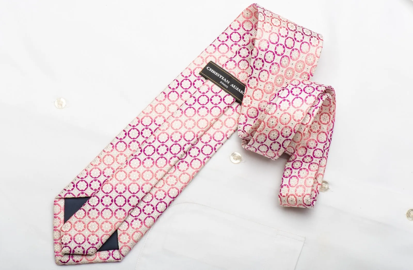 Christian Aujard Men's Silk Tie Geometric Floral On Pink With Silver Sparkles