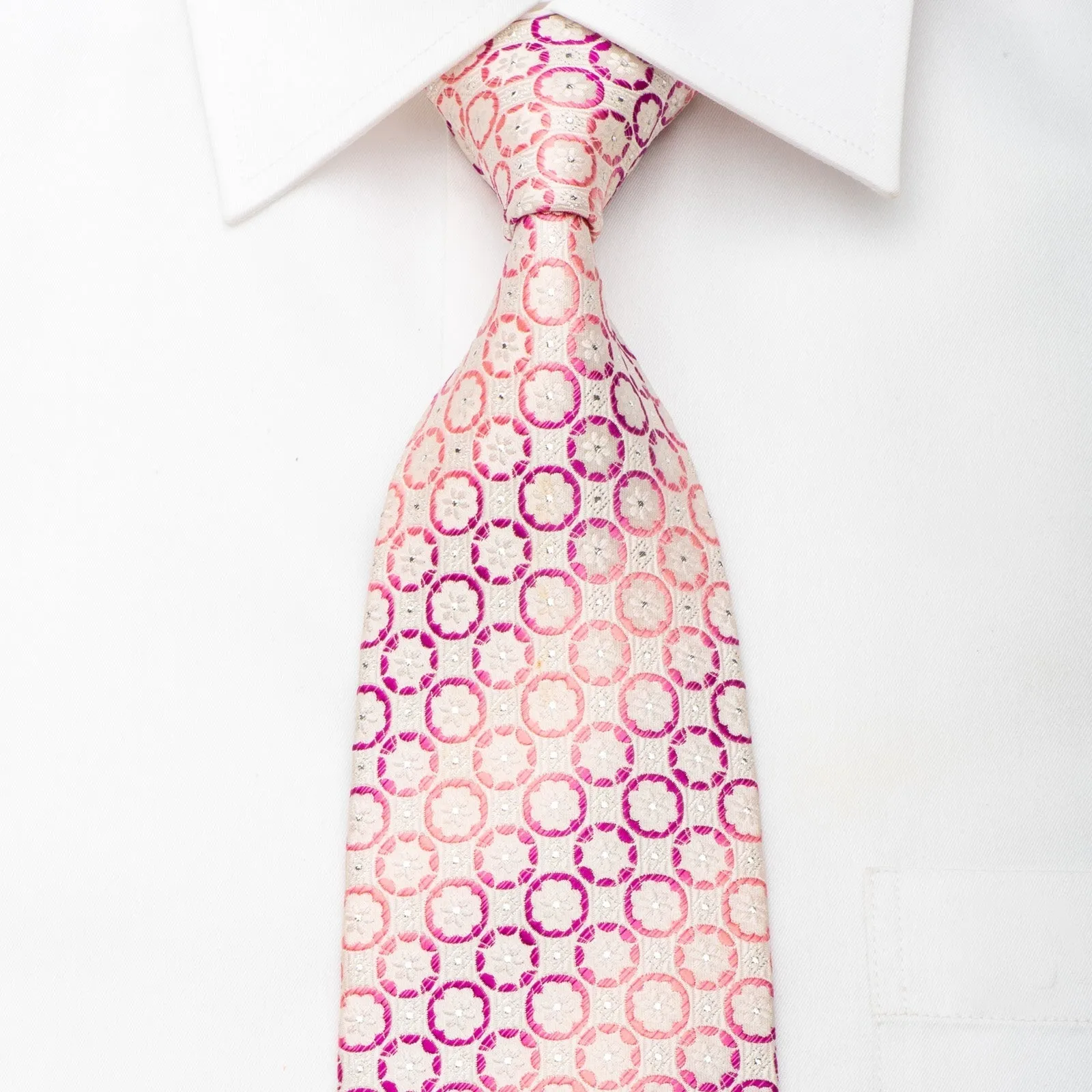 Christian Aujard Men's Silk Tie Geometric Floral On Pink With Silver Sparkles