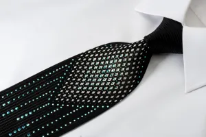 Crocodile Black Silk Rhinestone Necktie Silver Geometric On Black With Blue Sparkles