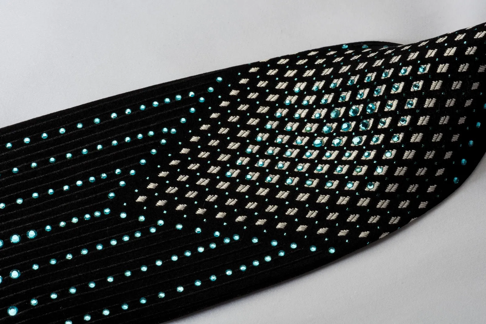 Crocodile Black Silk Rhinestone Necktie Silver Geometric On Black With Blue Sparkles