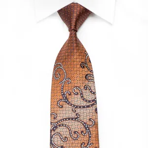 Crocodile Men's Crystal Silk Necktie Orange Geometric & Scrolls On Navy With Red Sparkles