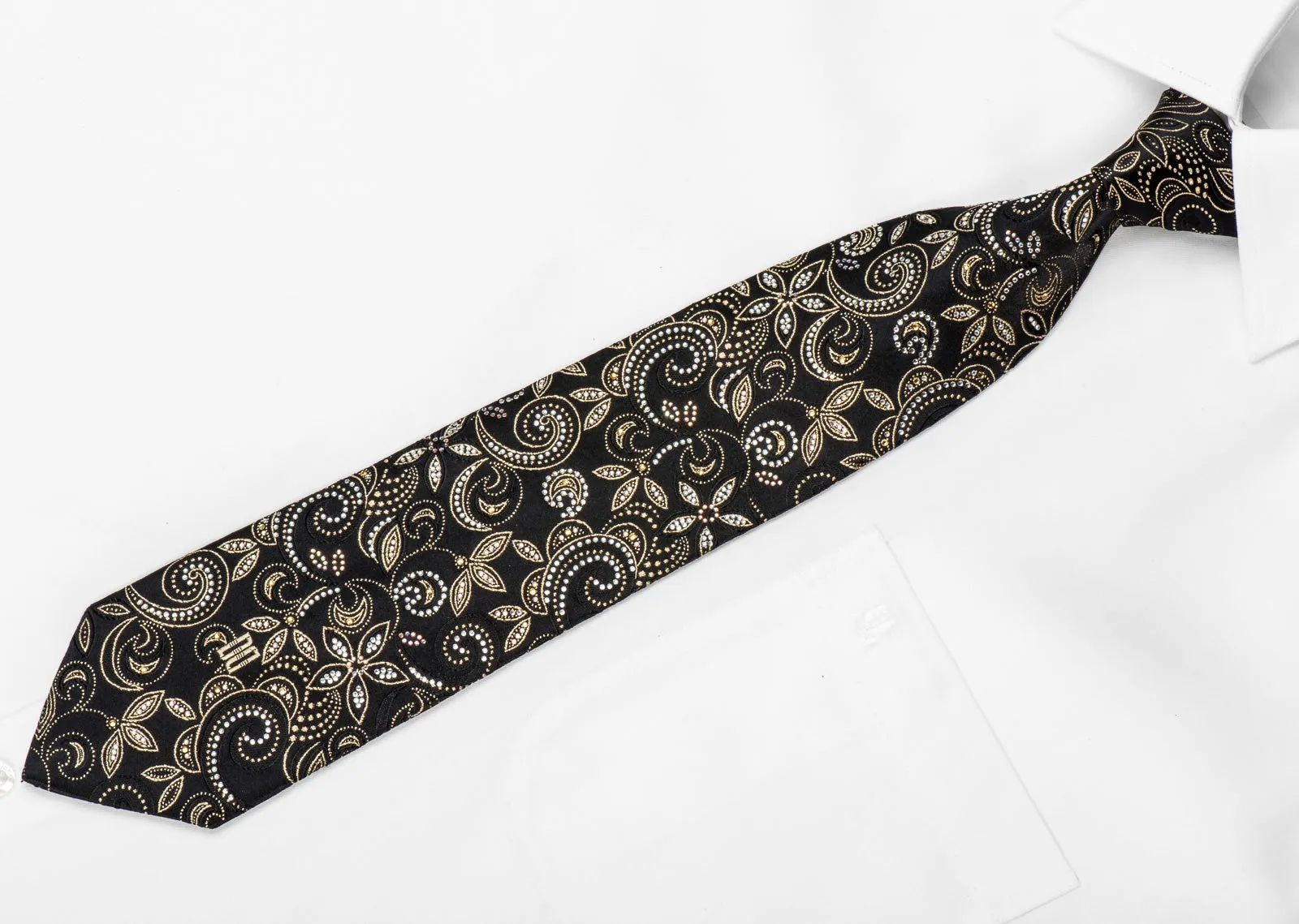 Daks Men's Crystal Silk Tie Gold Paisley Floral On Black With Gold Sparkles