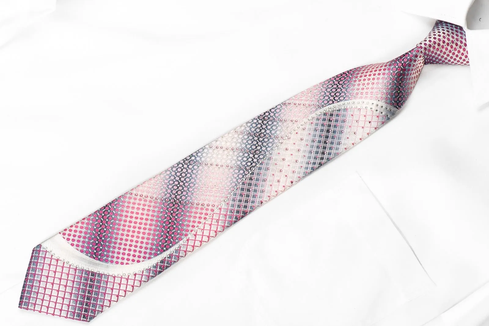 Daks Mens Crystal Silk Tie Purple Geometric & Waves On Silver With Sparkles