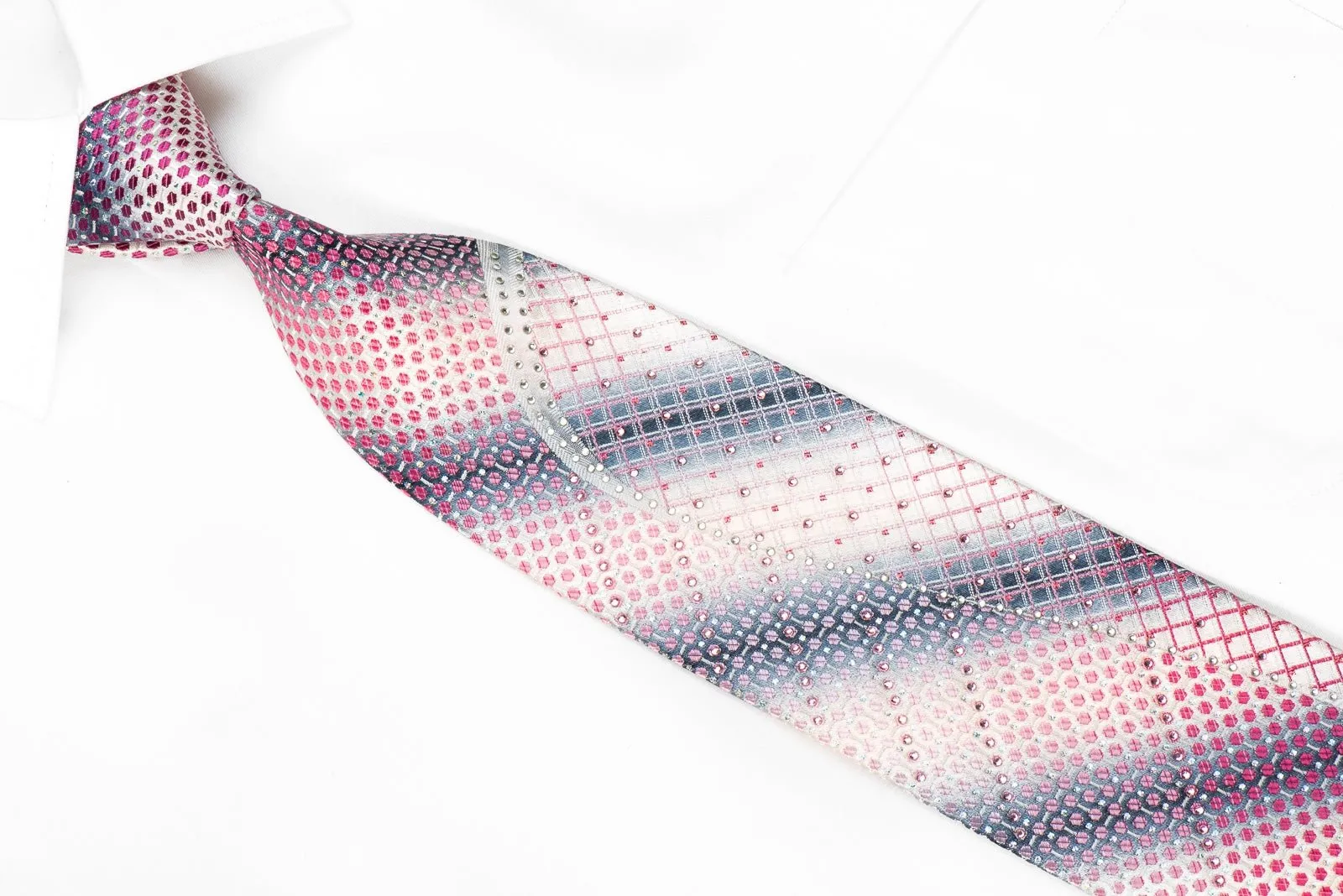 Daks Mens Crystal Silk Tie Purple Geometric & Waves On Silver With Sparkles