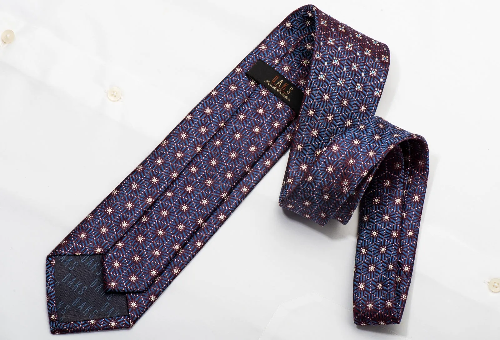 Daks Men's Silk Necktie Blue Geometric On Burgundy Sparkling With Rhinestones