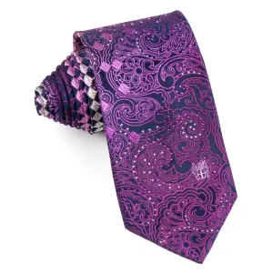 Daks Rhinestone Men's Silk Neck Tie Purple Paisley & Checker Design