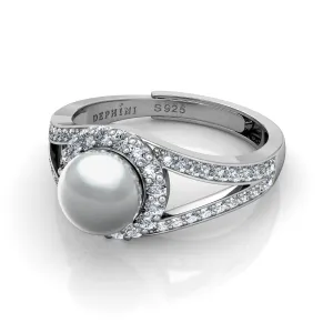 DEPHINI Silver Pearl Ring - 925 sterling silver CZ - Engagement ring for woman