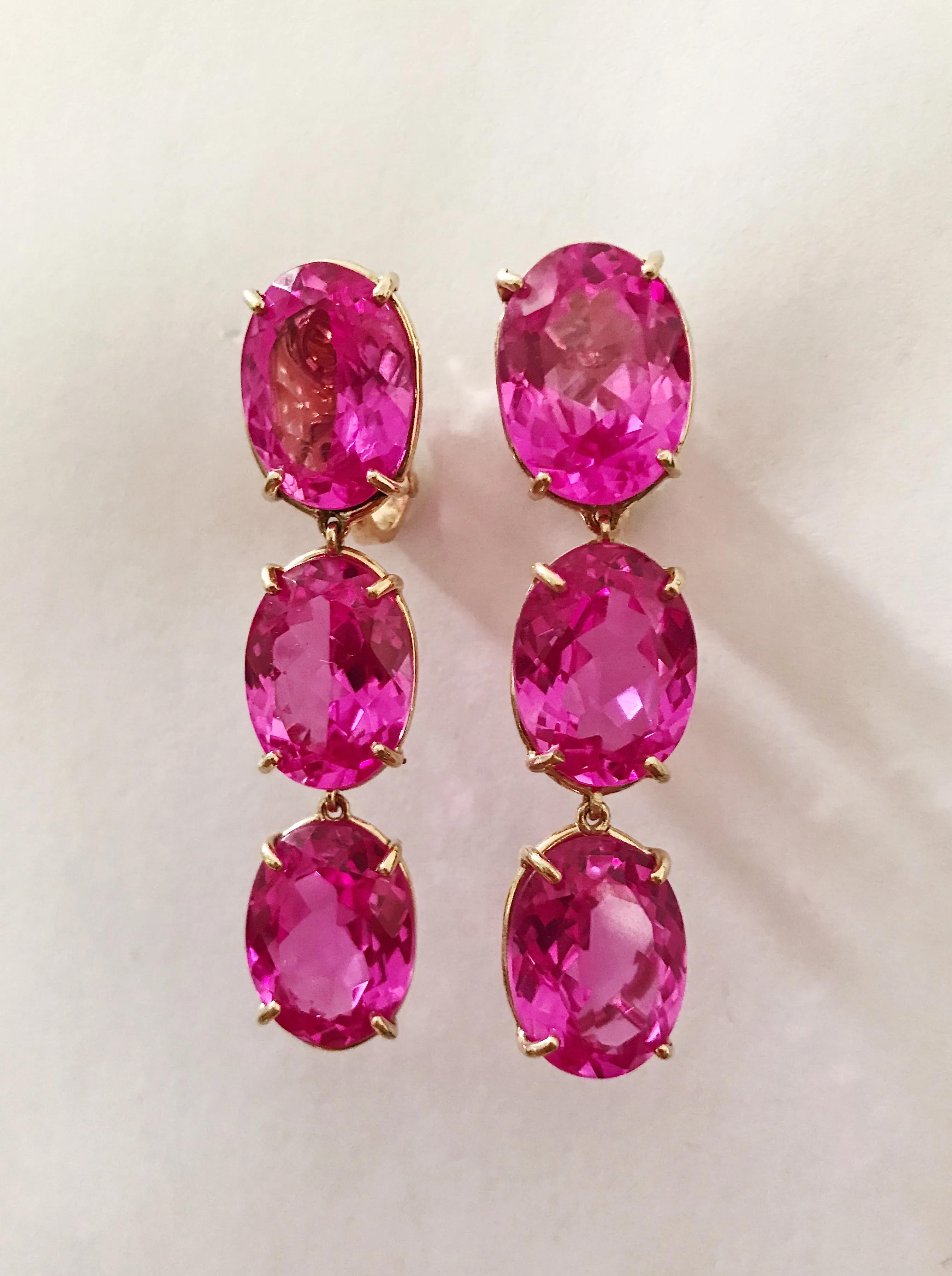 Elegant Three-Stone Drop Earrings with Pink Topaz