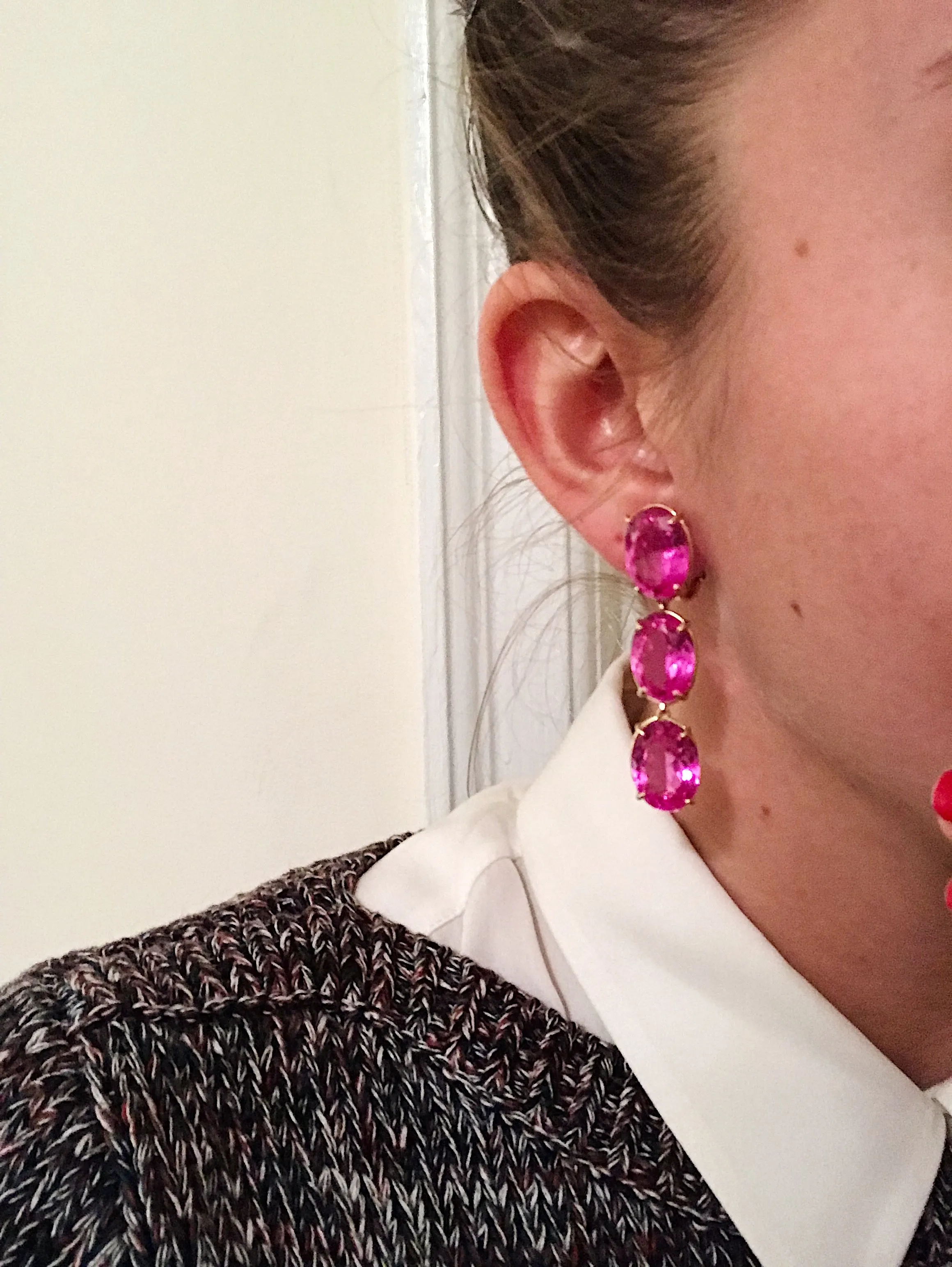 Elegant Three-Stone Drop Earrings with Pink Topaz