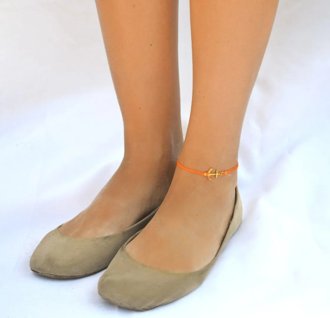 Gold anchor anklet, orange cord, gift for her