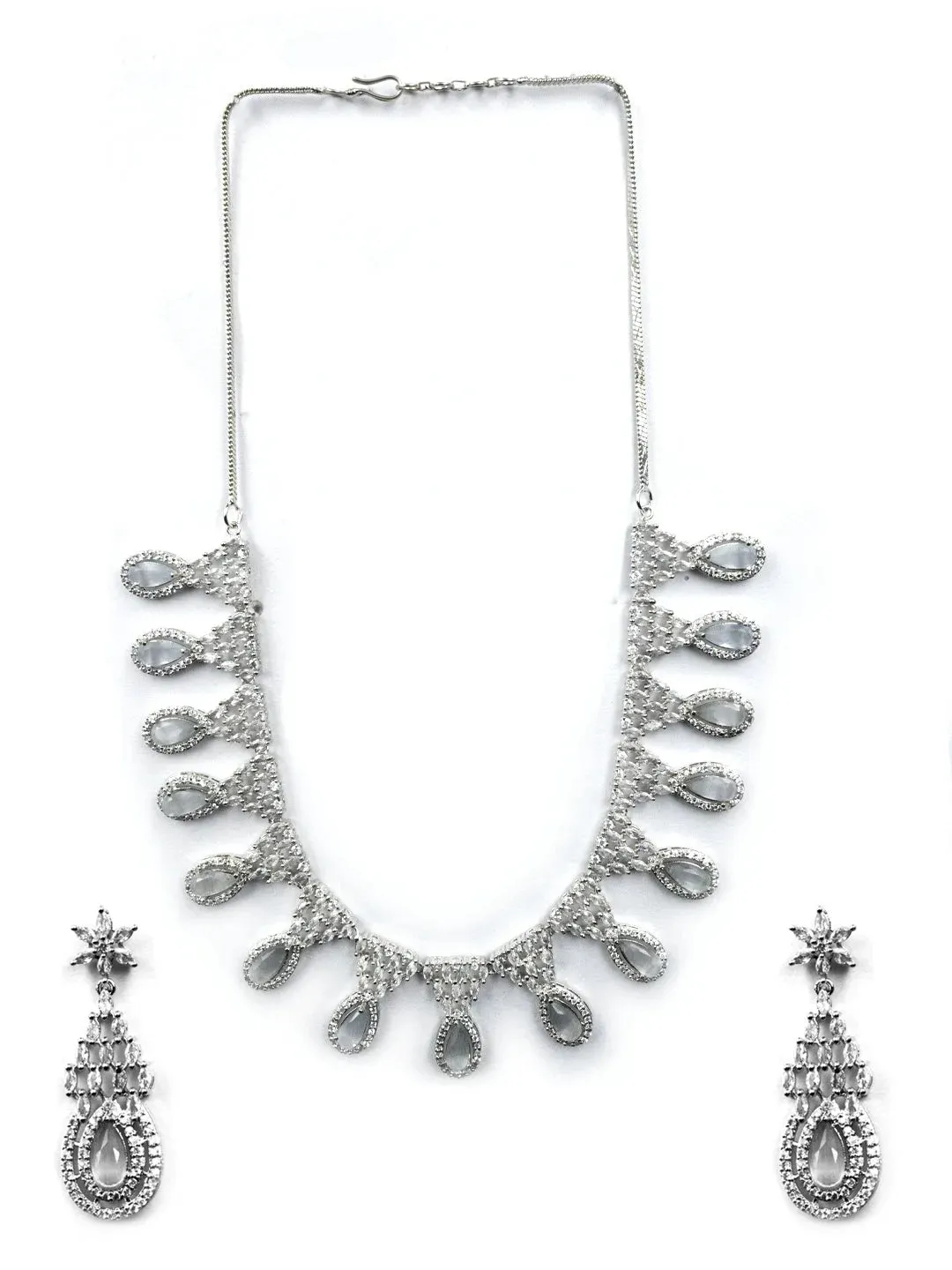 Grey AD-CZ Tear Drop Statement Necklace Set