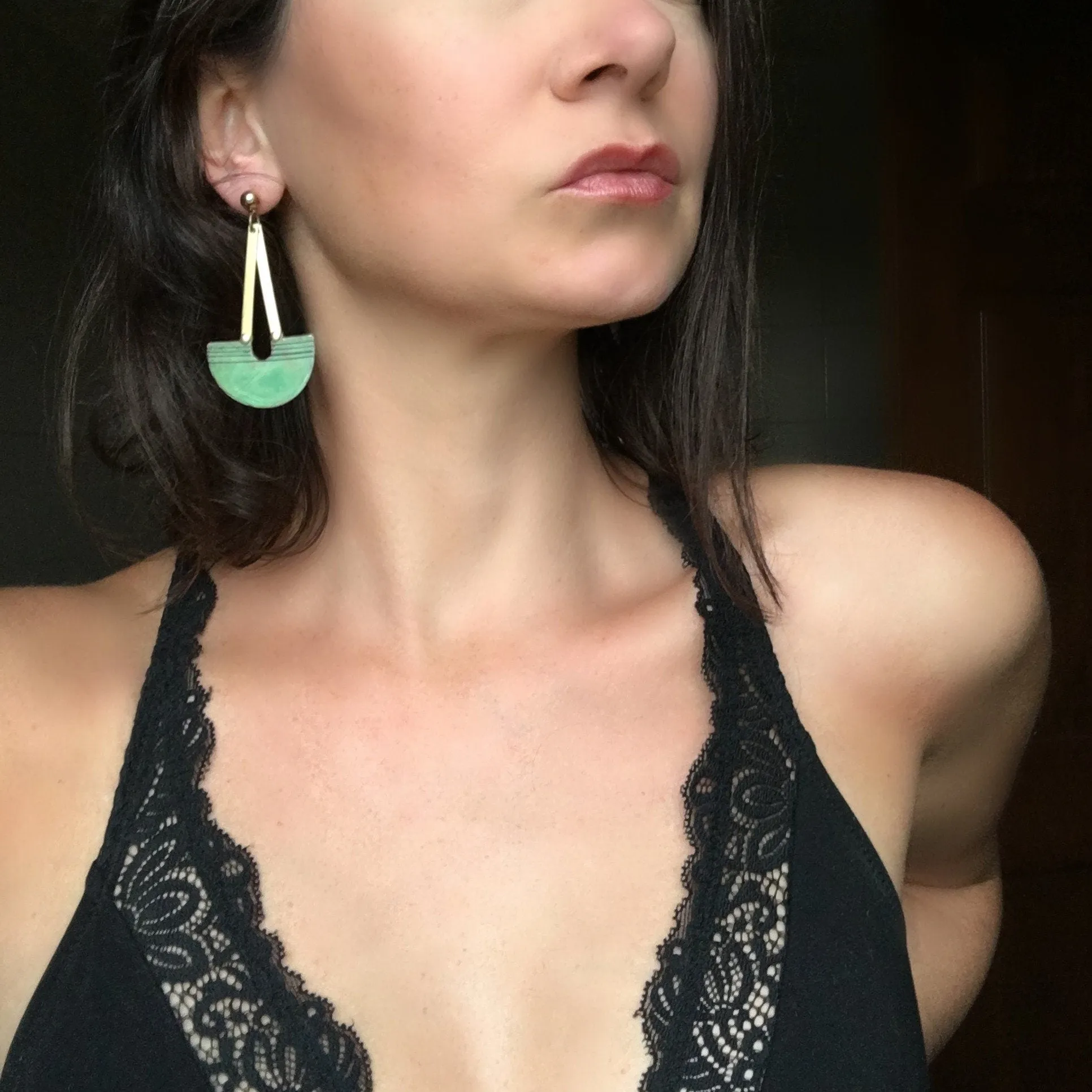 Long Brass Post Statement Earring With Teal Arch and Hand Scribed Lines