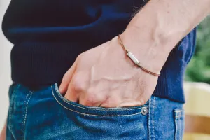 Men's bracelet with a silver rectangle bead, Brown cord