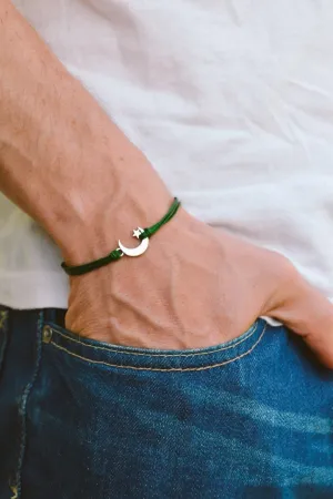 Men's bracelet with silver crescent moon charm, green cord