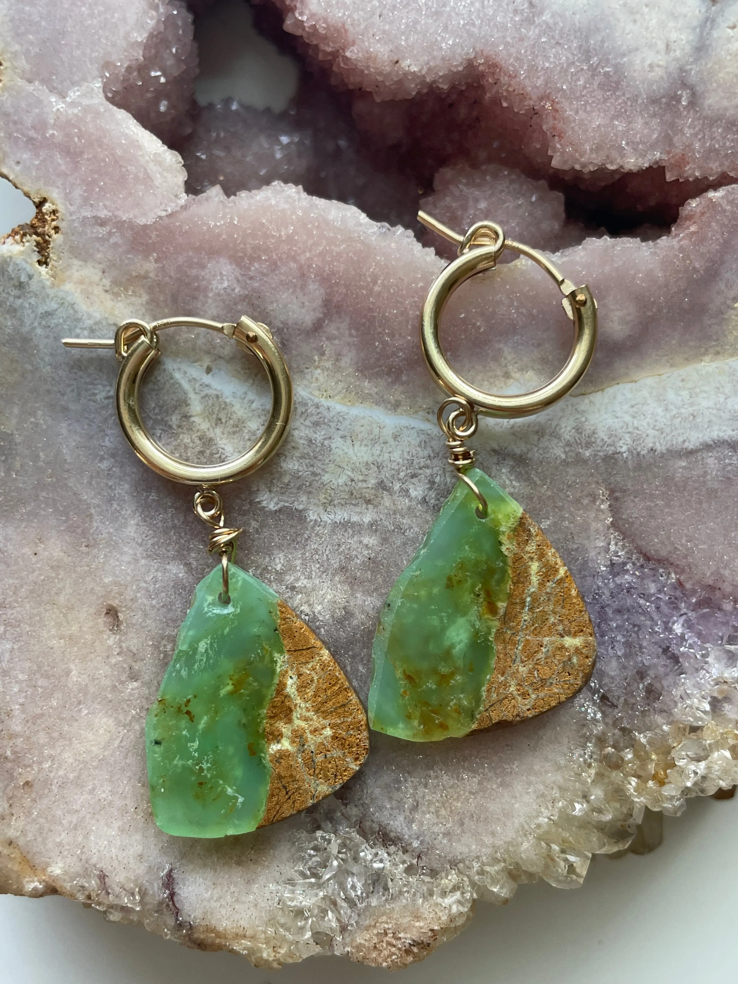 Raw Chrysoprase Slice Hoop Earrings Gold Fill