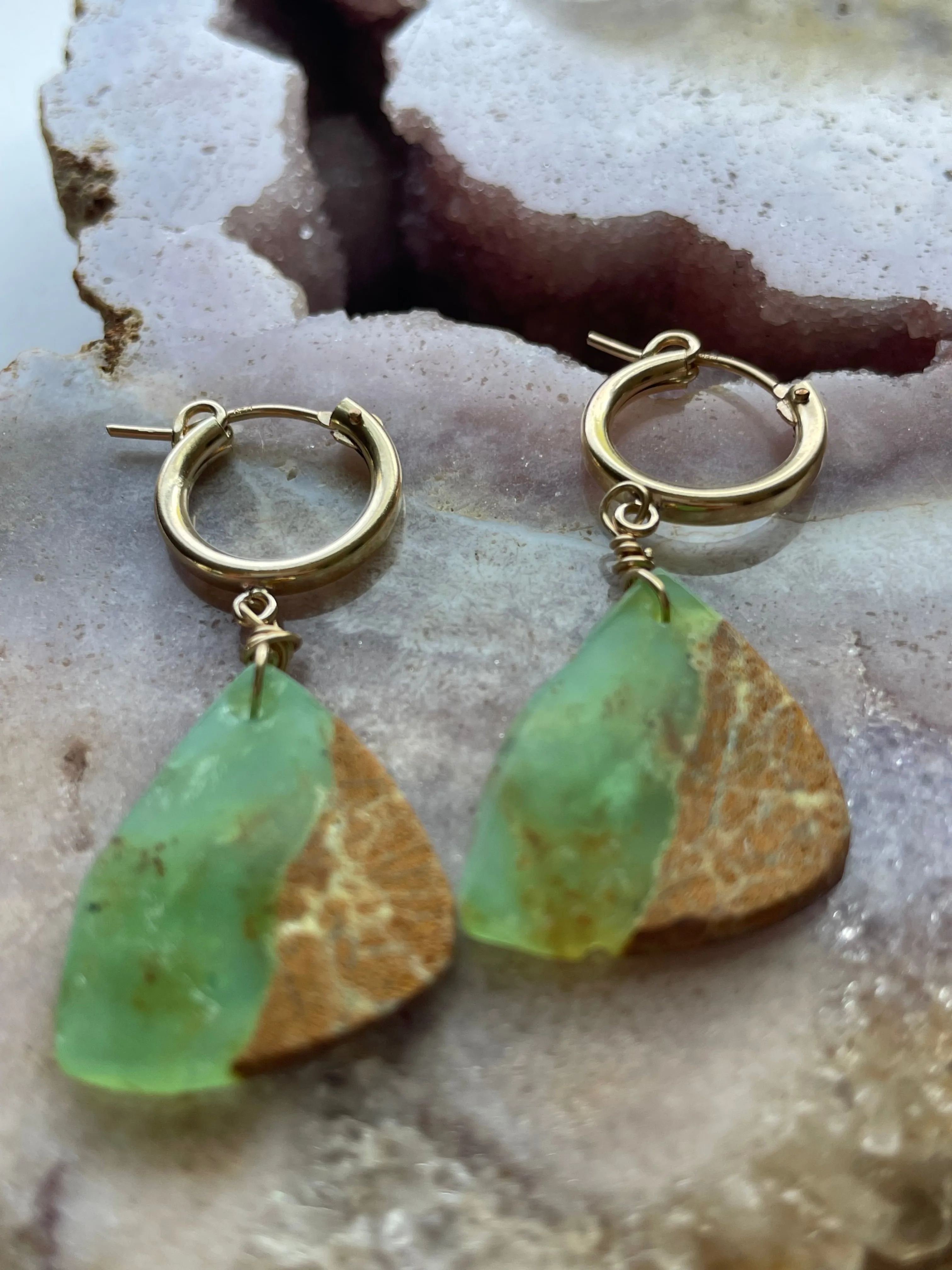 Raw Chrysoprase Slice Hoop Earrings Gold Fill