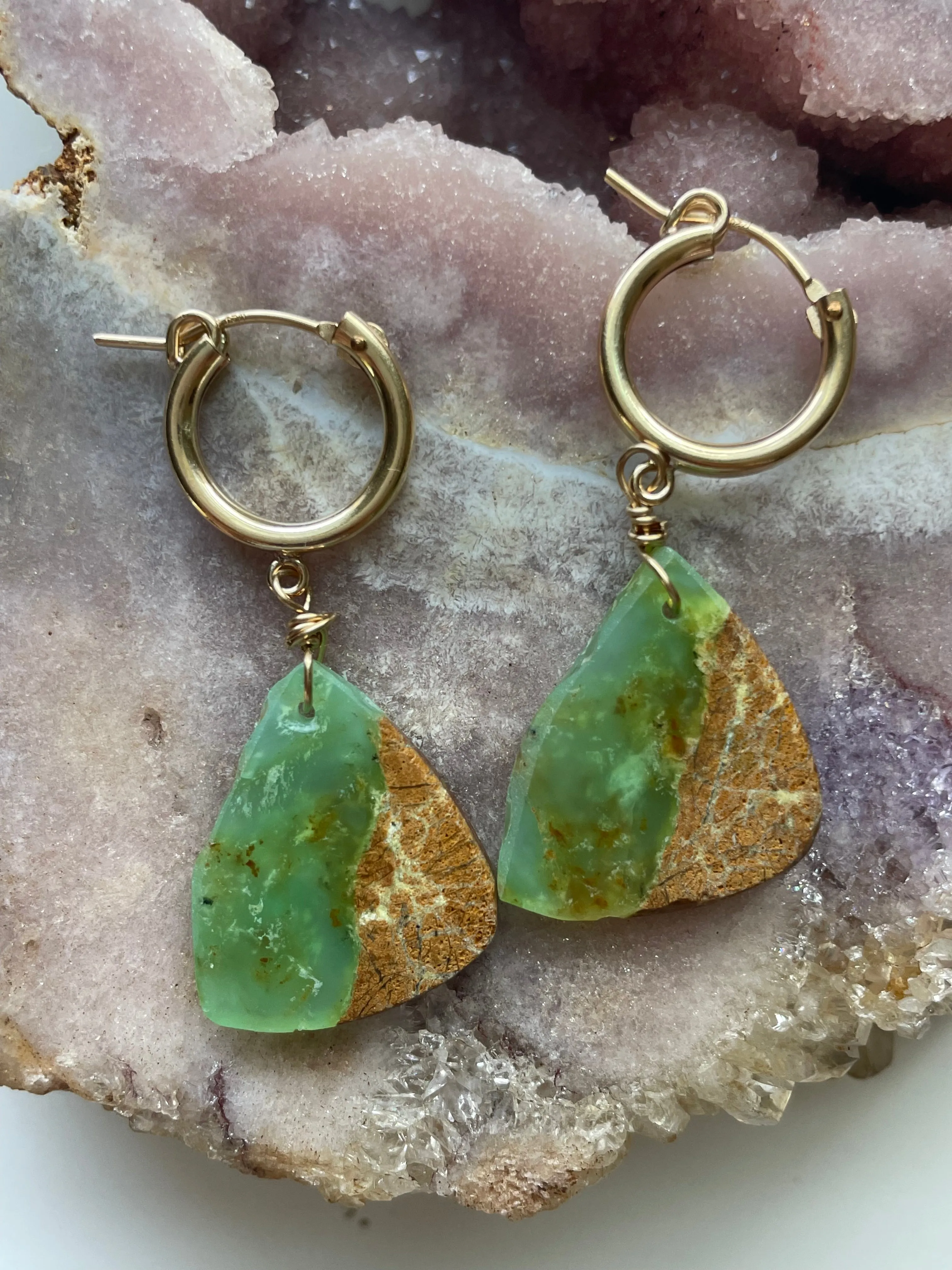 Raw Chrysoprase Slice Hoop Earrings Gold Fill