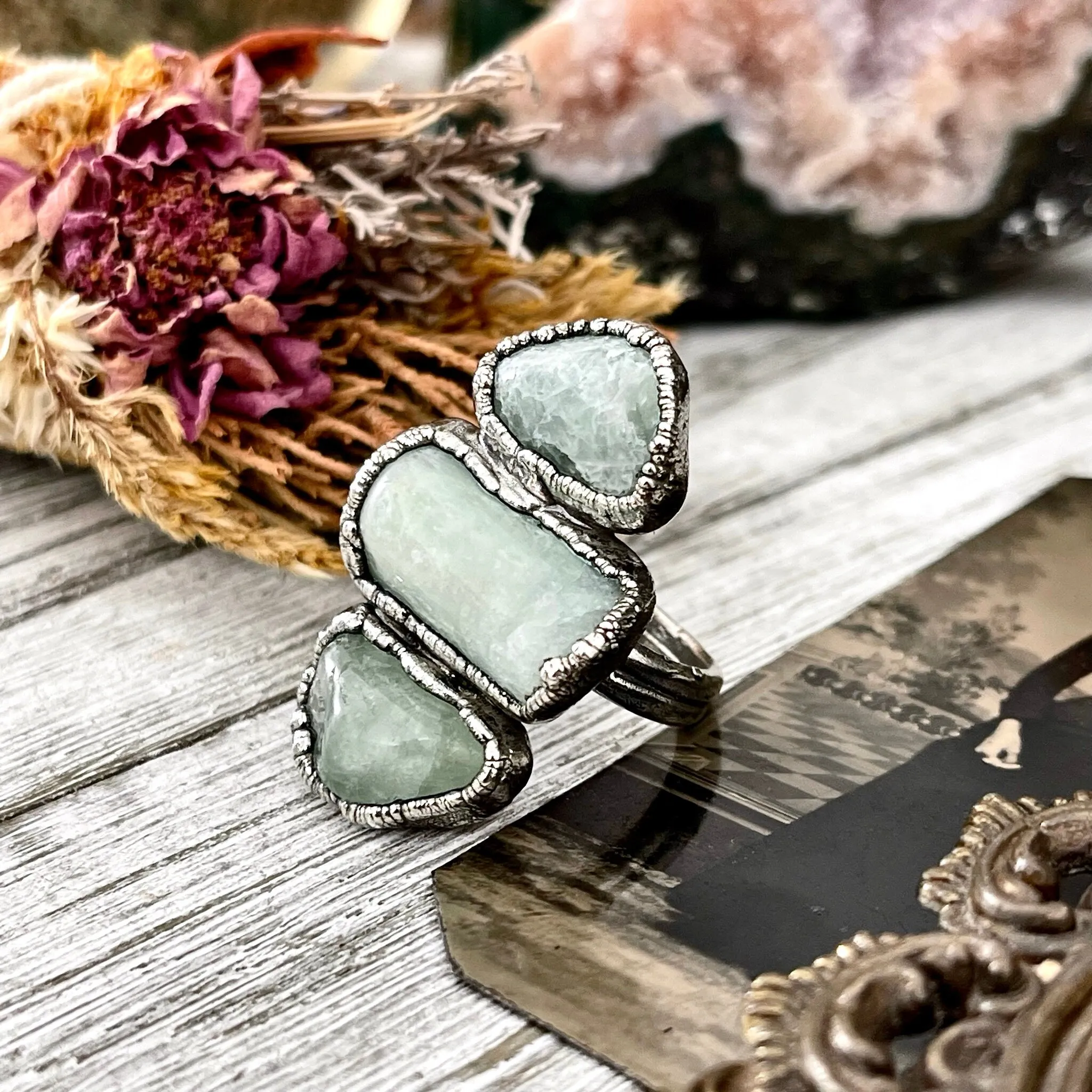 Size 7 Crystal Ring - Three Stone Ring Aquamarine Raw Ring In Silver / Foxlark Collection - One of a Kind