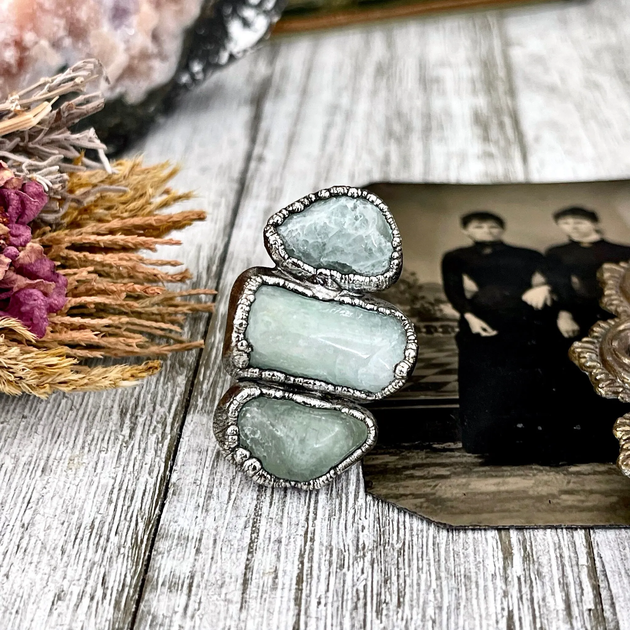 Size 7 Crystal Ring - Three Stone Ring Aquamarine Raw Ring In Silver / Foxlark Collection - One of a Kind