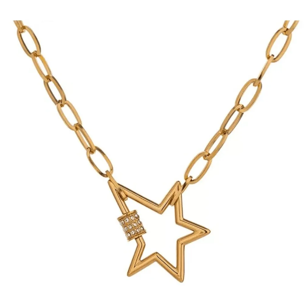 Star Pendant Necklace with Cubic Zirconia Stones and Gold Paperclip Link Necklace