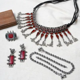 Teejh Hridaya Red Stone Silver Oxidised Jewelry Gift Set