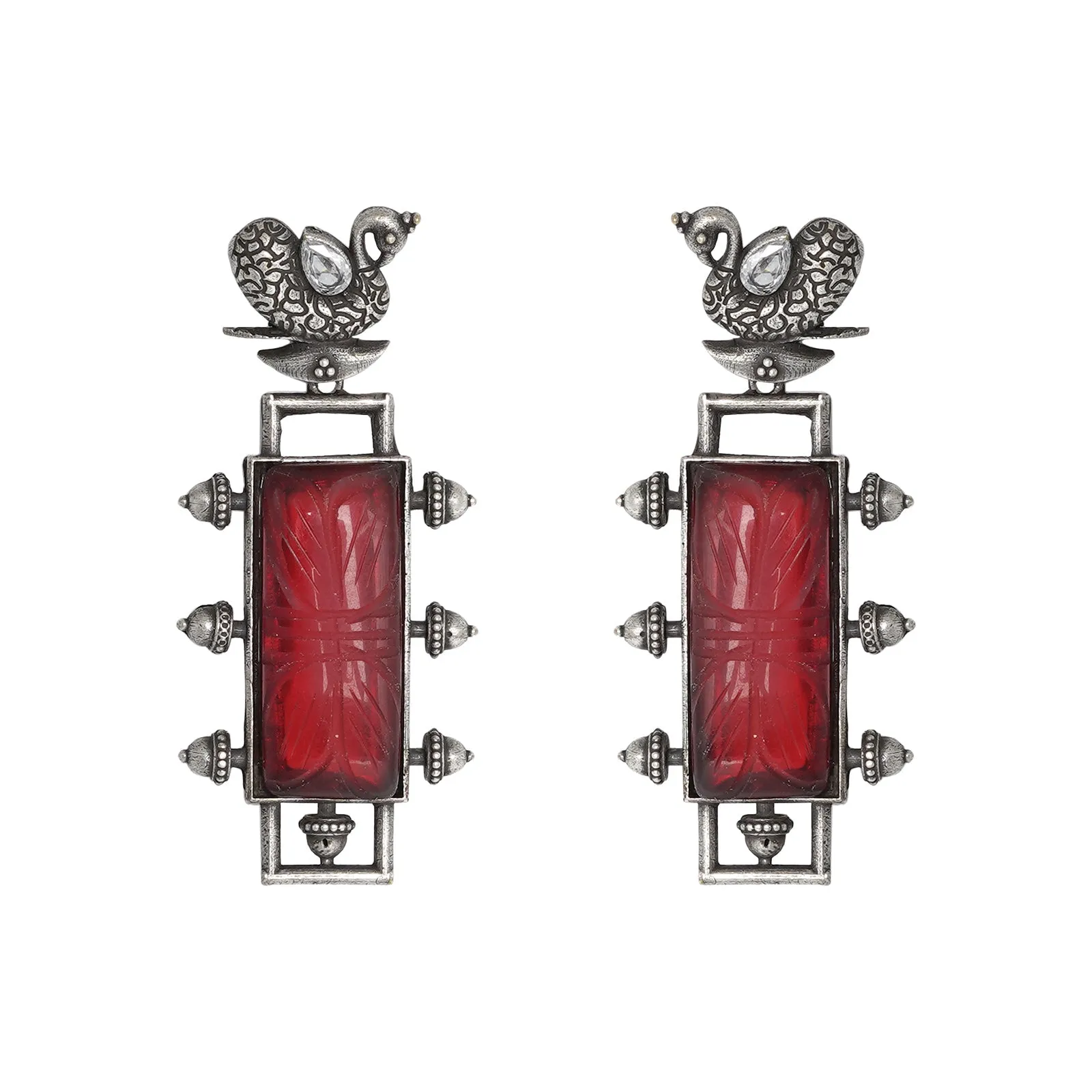 Teejh Hridaya Red Stone Silver Oxidised Jewelry Gift Set