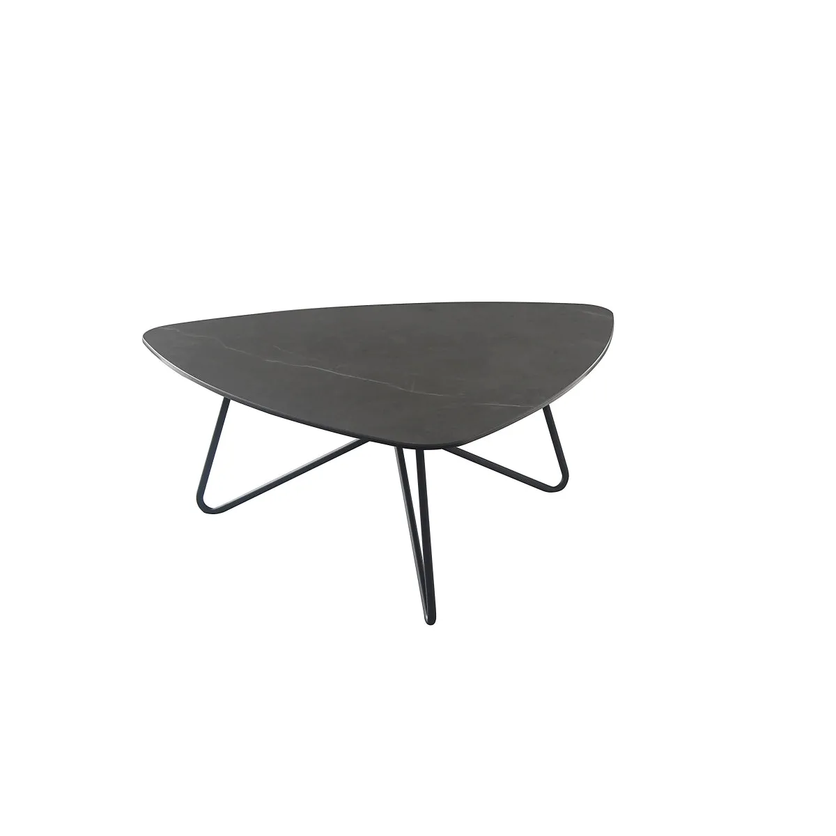 Triangular Cocktail Table with Grey Marble Ceramic Top and Black Hairpin Legs