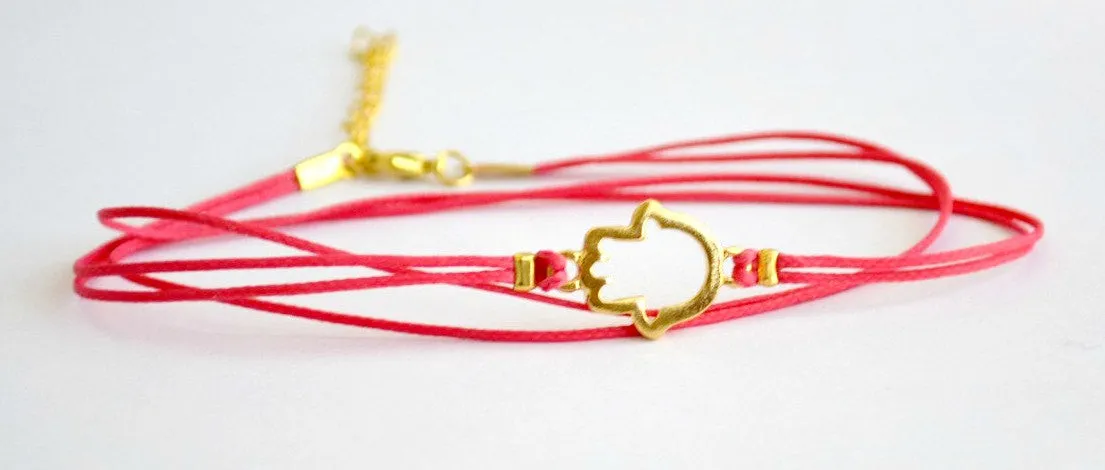 Wrapped cord anklet with gold Hamsa charm, bright pink cord